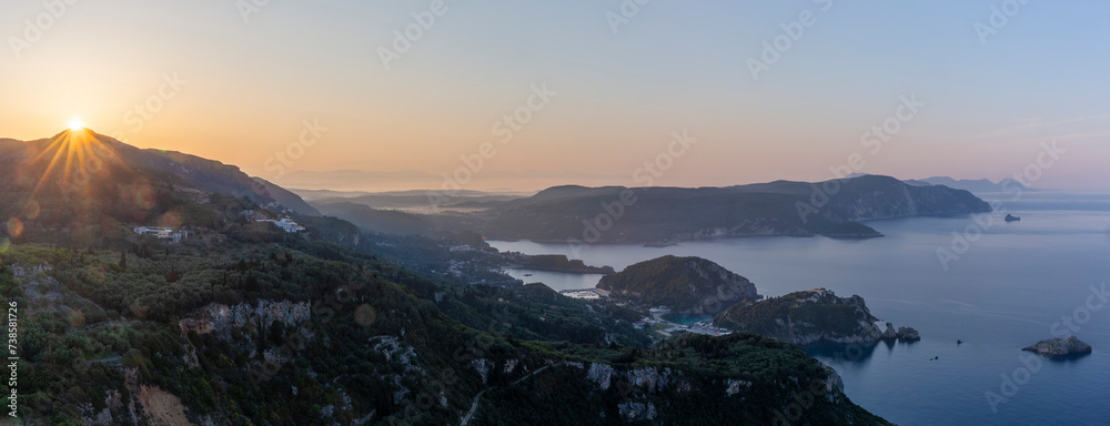 Aerial sunrise view of the bay of Palaiokastritsa on the island of Corfu