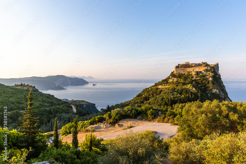 Front view of a Byzantine Angelokastro castle on the island of Corfu
