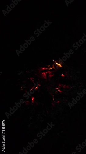 Bonfire up close at night, vertical slow-motion video