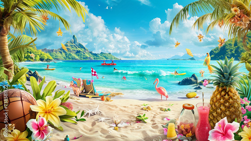 .A summer vibes banner featuring vibrant beach scenes and lively summer activities