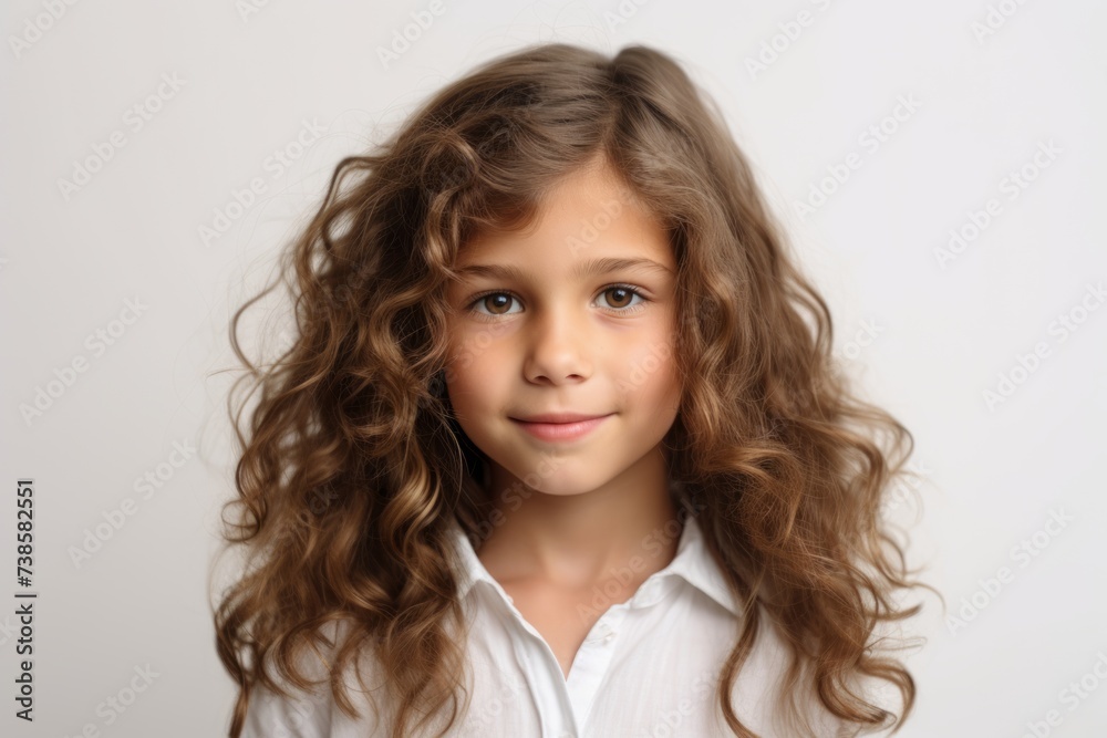 Portrait of a cute little girl with long curly hair on a white background