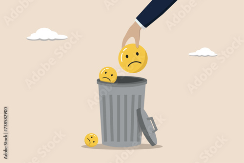 Throwing away sadness, eliminating failure in business to achieve success, business people throw sad emoticons into the trash.