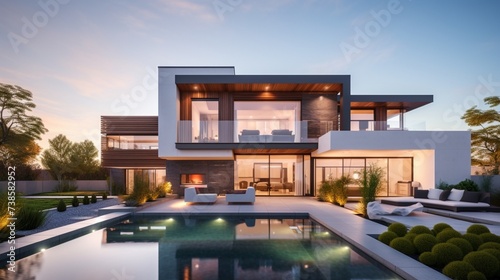 Beautiful modern style luxury home exterior at sunset with glowing interior lights. © Muslim