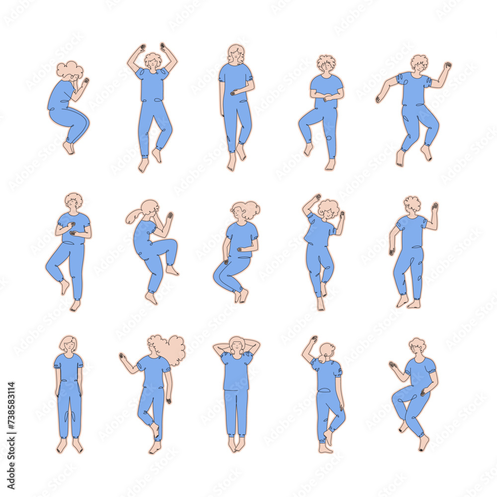 Set of men and women sleeping poses, top view, isolated line art illustration
