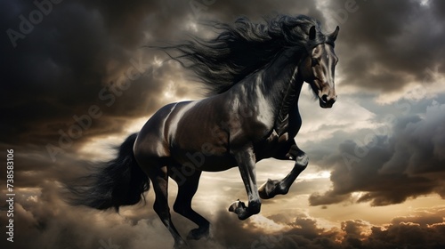 Black elegance Arabian horse gallops on stormy sky