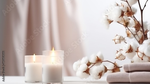 Burning candles and cotton flowers on white table in room, closeup