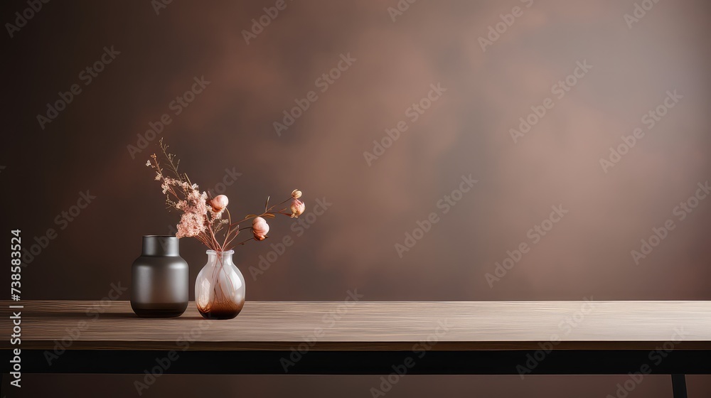 Vase with dry flowers on wooden table against brown background. Vase with dry flowers on wooden table against brown background.