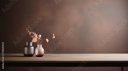 Vase with dry flowers on wooden table against brown background.