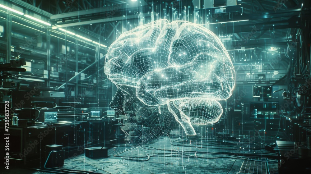 Fototapeta premium Digital representation of a human brain glowing with connectivity in a high-tech industrial environment.