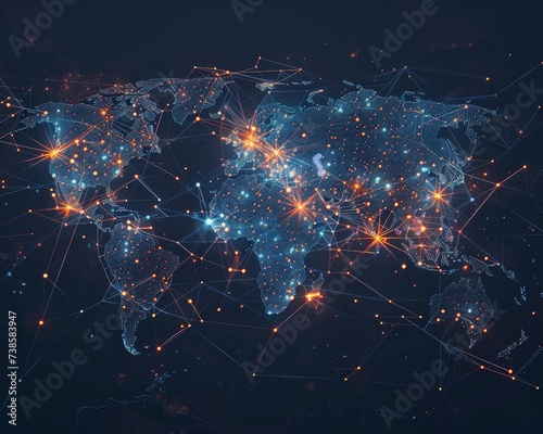 A digital world map showcasing global connectivity with bright network lines and nodes representing communication. photo