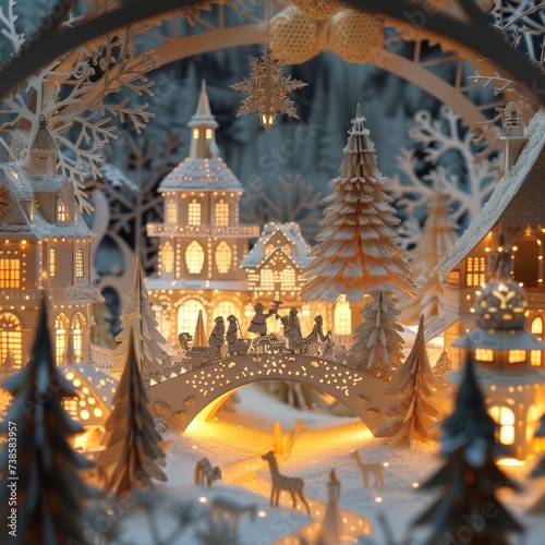A meticulously crafted paper art scene of a winter village at night, illuminated with warm lights.