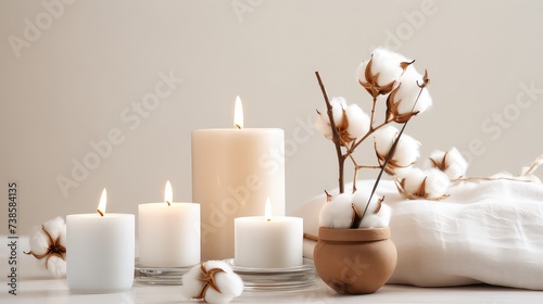 Burning candles and cotton flowers on white wooden table in room.