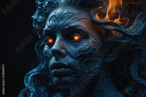 Enchanting Ember Witch s Head Amidst Fiery Background with Intricate Surfaces and Venetian Rococo Style