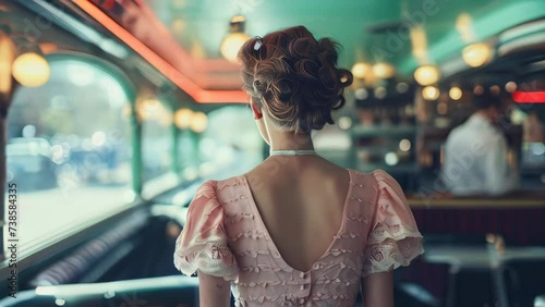 Back view of a beautiful woman in a pink dress posing in a cafe