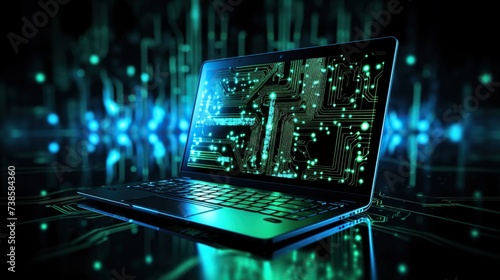 High technology computer laptop with futuristic interface screen. Digital symbolizing advance cyber security, network connection and communication.