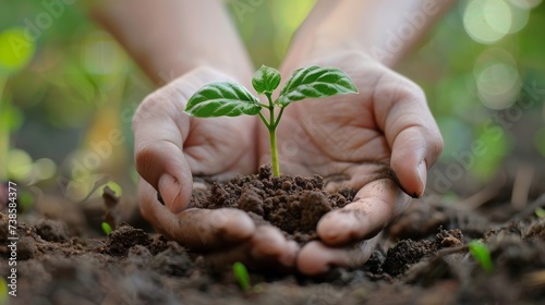 Human hands gently holding a young plant seedling, symbolizing growth, care, and sustainability in nature.