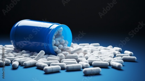 Close-up of white pill capsules poured out of a plastic bottle on the table. Antibiotics, Painkillers, Opioids, Antimicrobials, Pharmaceutical industry, Medicine, Healthcare concepts.