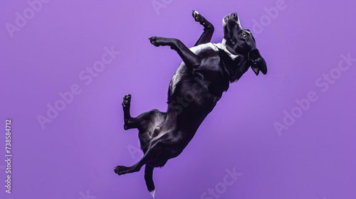 Dog doing a backflip on a solid purple background