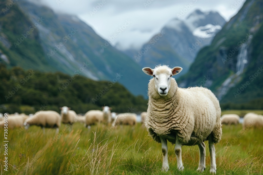 sheep peacefully standing in a lush field, surrounded by majestic mountains sheep peacefully standing in a lush field, surrounded by majestic mountains