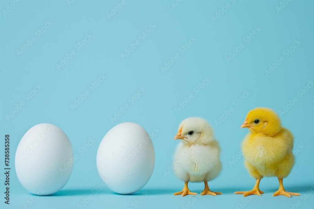 Two chickens next to two white eggs on a blue background. Concept of organic eggs and poultry farm, raising chickens and celebrating Easter. Еmpty space for text.
