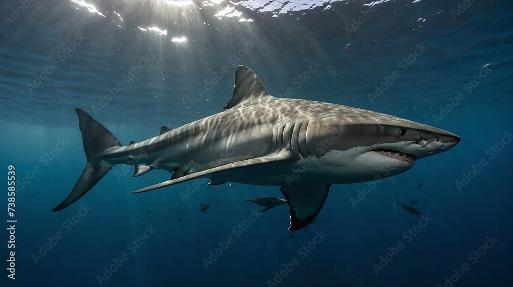 Fototapeta premium A great white shark is swimming in the sea with the effect of sunlight from outside
