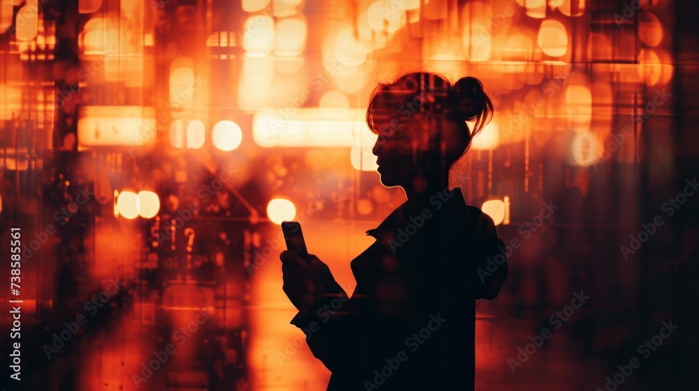 Fototapeta premium person stand and feel happy on use phone the most hight of technology communication, city, building, male, dark, light, business