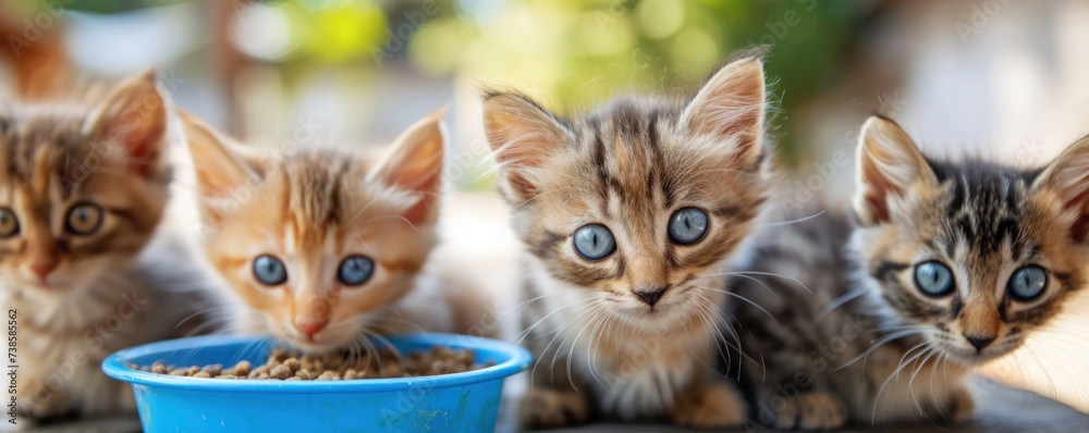 Cute cats or kittens eating food bowls.