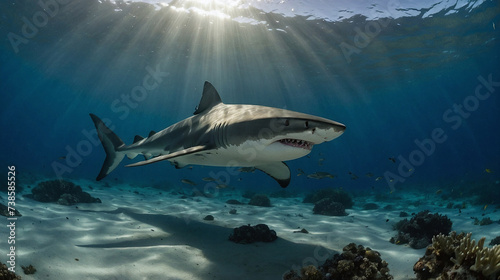 Landscape of a flesh-eating great white shark in the sea and illuminated by sunlight
