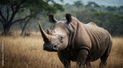 Landscape of a large, thick-skinned rhinoceros against a savanna background