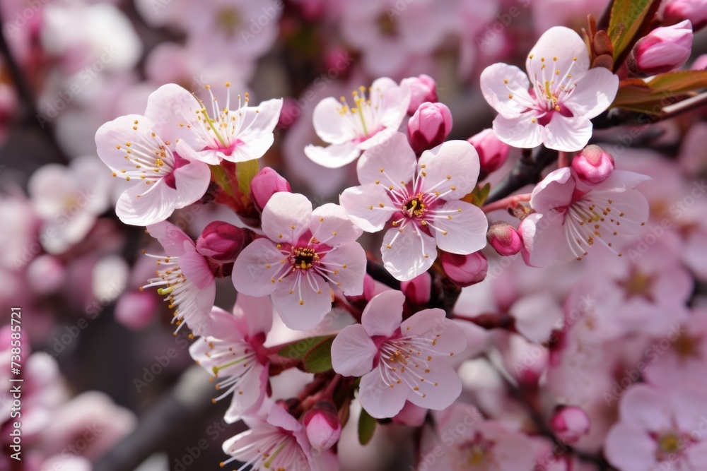 Naklejka premium Blooming cherry twigs on a blurred background of an orchard. The concept for the development of horticultural farms, small businesses, growing non-GMO products. 