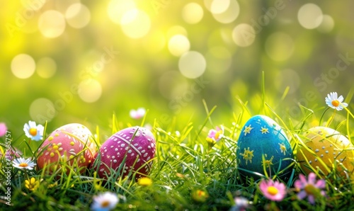 Colorful easter egg in spring grass.