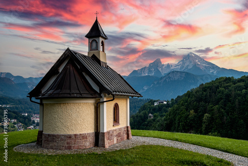 Kirchleitn Kapelle Overlooking Watzmann Peak, Bavaria Germany photo