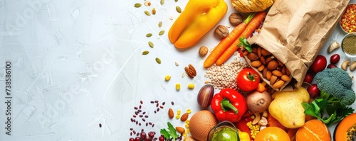 A grocery bag with various vegan foods, overhead shot photo