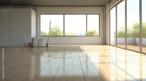 3d rendering of empty room with white wall and floor and cleaning equipment