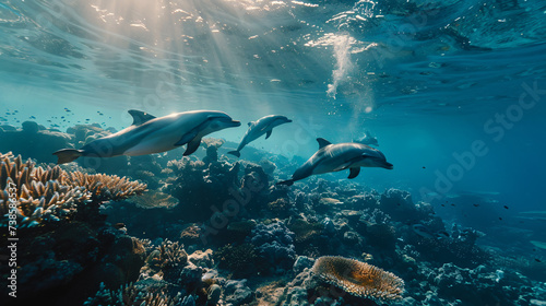 Dolphins are swimming under coral reefs in the ocean © Daniel