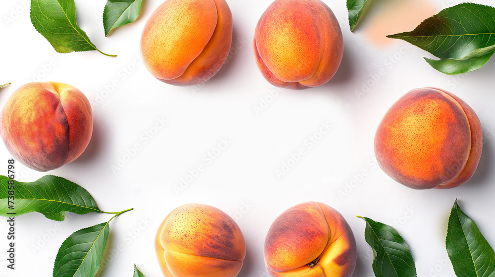 Peach fruit frame with Copy space in the middle on a white background.