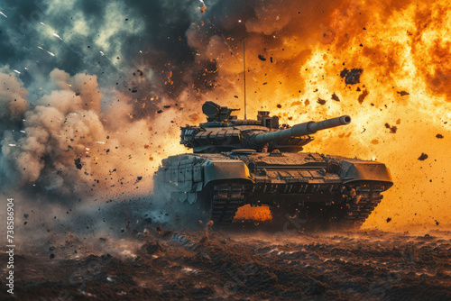 Battle tank in explosive combat action on battlefield. Military conflict and warfare.
