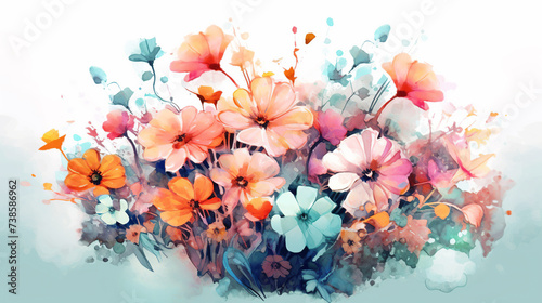 A vibrant, watercolor-style illustration of a bouquet of flowers in various shades and colors
