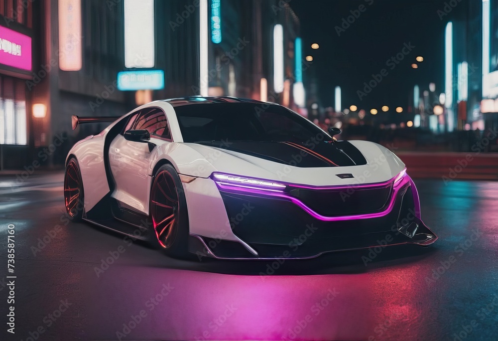 Tuned Sport Car , cyberpunk Retro Sports Car On Neon Highway. Powerful acceleration of a supercar on a night track with colorful lights and trails