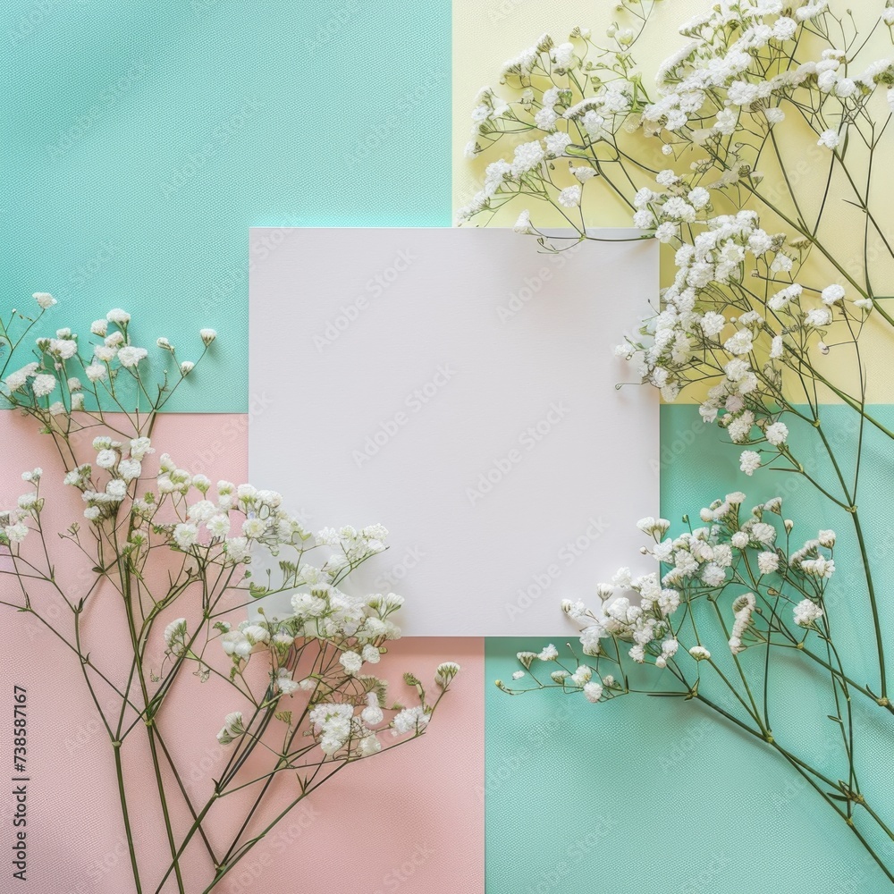 Mockup blank greeting card, colorful background, white flowers 