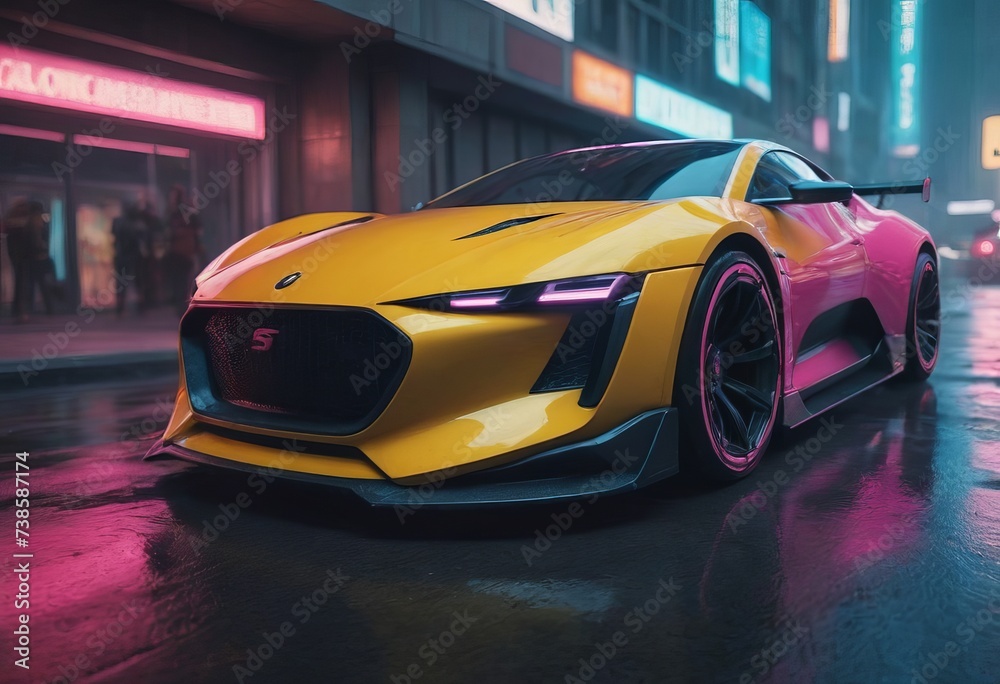 Tuned Sport Car , cyberpunk Retro Sports Car On Neon Highway. Powerful acceleration of a supercar on a night track with colorful lights and trails