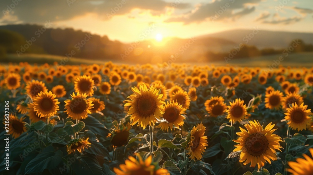 sunrise over a field of sunflowers, early morning light, clear sky, large sunflowers
