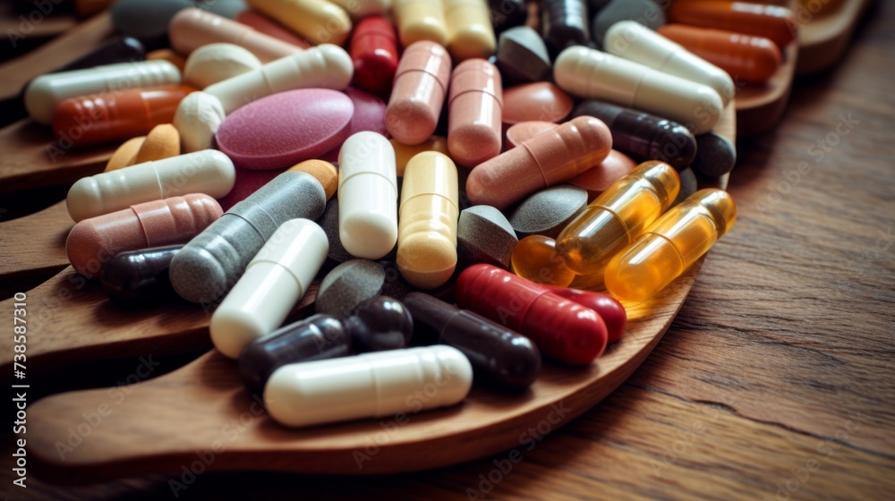 Various tablets, pills, capsules, Antibiotics, painkillers, Vitamins, dietary supplements, antimicrobials, opioids on a wooden background. Pharmaceutical industry, Medicine, Healthcare concepts. - obrazy, fototapety, plakaty 