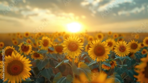 sunrise over a field of sunflowers  early morning light  clear sky  large sunflowers 