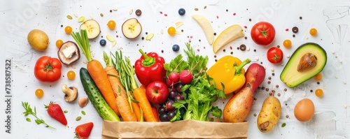 A grocery bag with various vegan foods  overhead shot