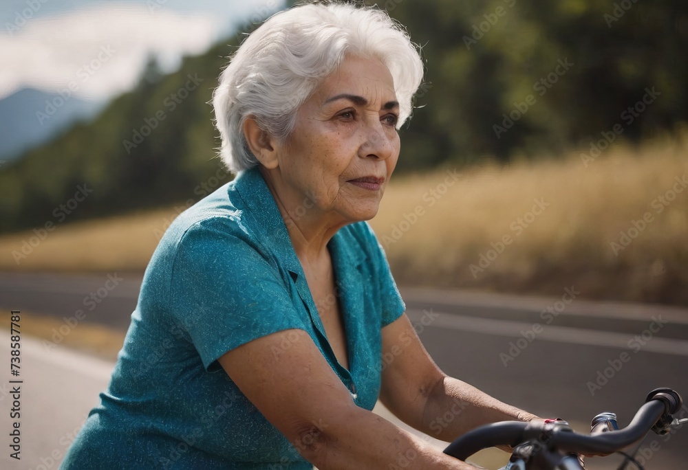 Fototapeta premium An elderly female cyclist riding a bicycle. An active elderly grandmother enjoying a healthy lifestyle and freedom