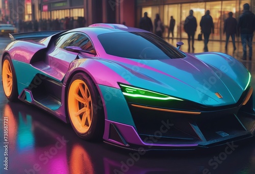 Tuned Sport Car   cyberpunk Retro Sports Car On Neon Highway. Powerful acceleration of a supercar on a night track with colorful lights and trails