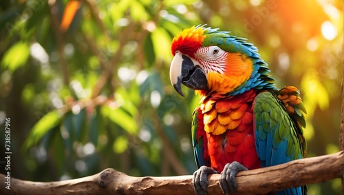 High-definition image, 8K, lush tropical setting, close-up of a vibrant macaw parrot perched on a colorful branch, bathed in warm sunlight, capturing every vivid detail. generative AI
