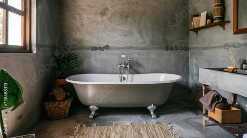 Contemporary Bathroom with Concrete Flooring and Vintage Bathtub Faucet