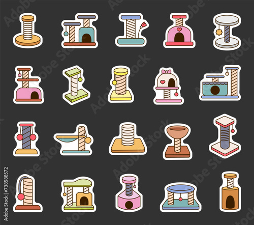 Scratching post for home cats. Sticker Bookmark. Kitty houses and furniture. Veterinary shop merchandise. Hand drawn style. Vector drawing. Collection of design elements.